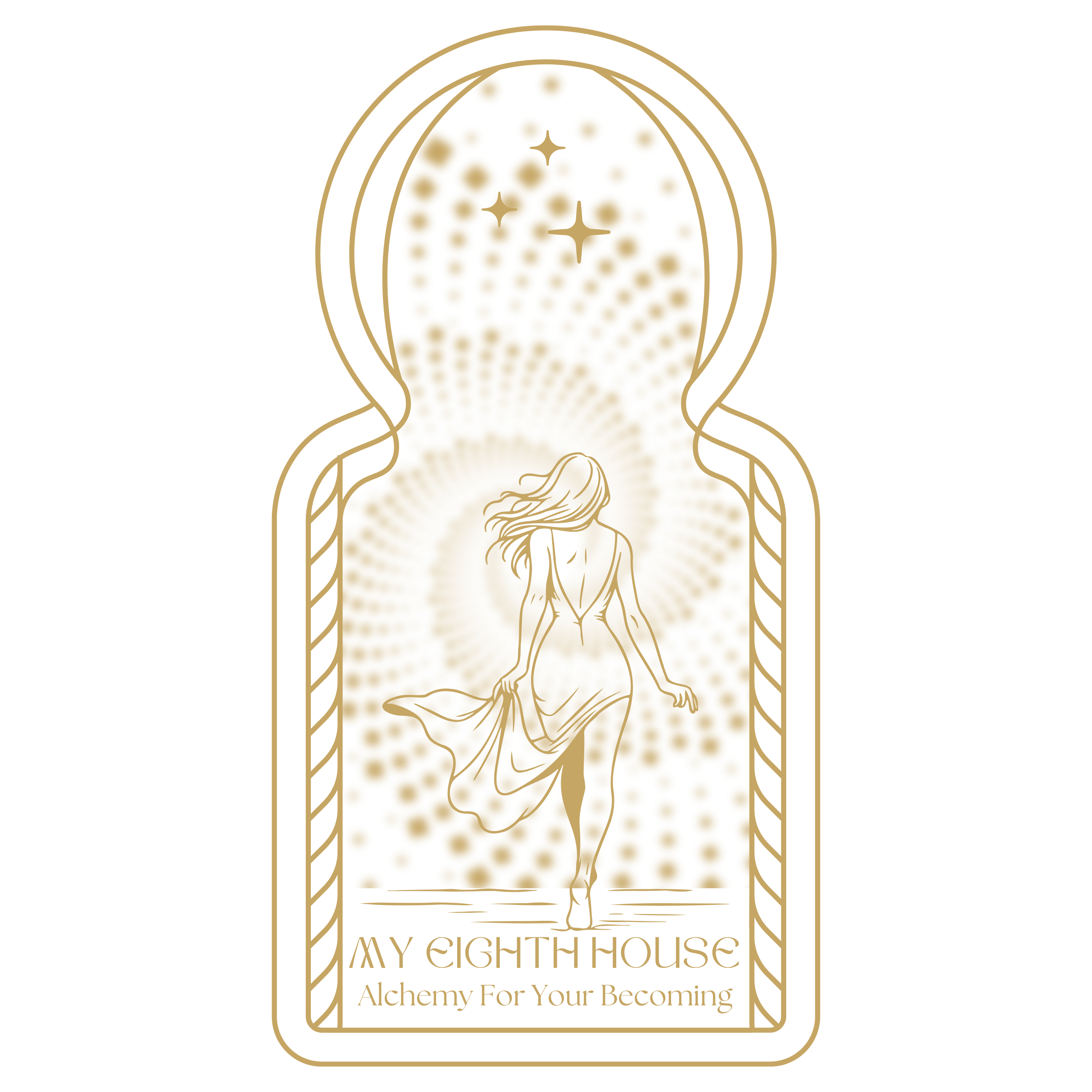 My Eighth House logo: a woman walking through an arched doorway toward the light